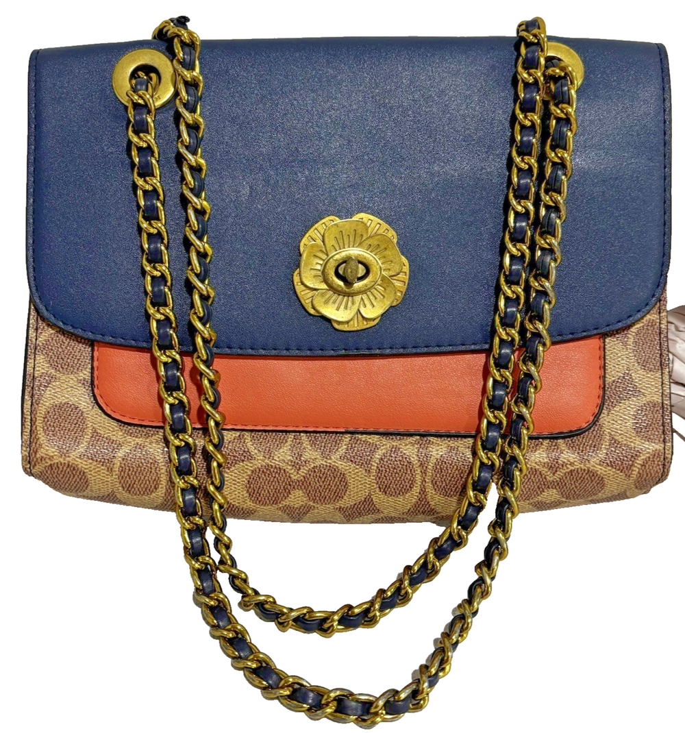 Coach Parker Colorblock Shoulder Bag Tea Rose Prairie Series Navy Peach Logo